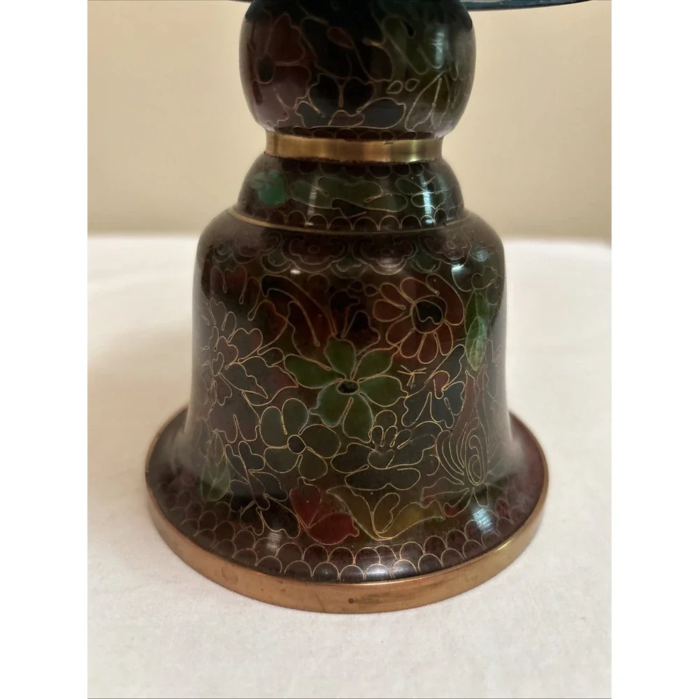 Vintage Chinese Cloisonne Floral Candlesticks Copper Brass 10.5 Inch Set of 2